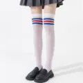 White velvet over-the-knee socks with blue red stripes, perfect JK student style daily wear. - Over-the-Knee Socks / Red Blue Striped