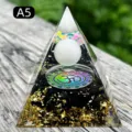 Handmade resin crystal pyramid ornament with gold foil, crushed stone, and Om symbol - A5 Rose Quartz + Obsidian Chips / 5cm