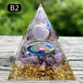 Healing amethyst crystal resin pyramid with gold leaf and Tree of Life motif pattern - B2 Amethyst + Amethyst Chips / 5cm