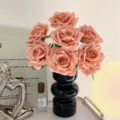 Elegant artificial peach rose bouquet displayed in a sleek black modern ceramic vase - Vase Set / Cappuccino