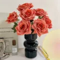 Artificial orange rose bouquet in a modern black wavy ceramic vase for home decor - Vase Set / Tea Brown Orange