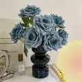 Blue artificial rose bouquet in a modern black ceramic vase for tabletop decoration - Vase Set / Haze Blue