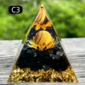 Handmade resin Orgone pyramid with tiger's eye stone and gold foil for energy healing - C3 Tiger's Eye + Lotus + Obsidian / 5cm
