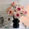 Elegant gradient pink artificial rose bouquet in a black modern vase for home decor - Vase Set / Pink Heart Charm