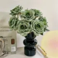 Artificial green rose bouquet in a black gourd-shaped vase for elegant home decor - Vase Set / Mustard Green