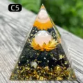 Handmade resin pyramid with rose quartz sphere and obsidian stone home decor - C5 Rose Quartz + Lotus + Obsidian / 5cm