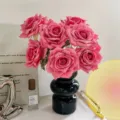 Realistic pink silk rose bouquet in a modern black wavy vase for stylish home decor - Vase Set / Vintage Rose Red
