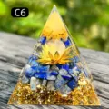 Handmade healing resin orgone pyramid with lapis lazuli and golden lotus flower - 5cm / C6 Clear Quartz + Lotus + Lapis Lazuli