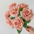 Realistic artificial rose bouquet featuring seven salmon pink flower heads for home decor - Bouquet Only / Cappuccino