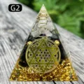 Handcrafted orgone crystal pyramid with Flower of Life symbol, black stones and gold foil - G2 Black and White Style / 5cm