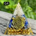 Handmade Orgone crystal pyramid with lapis lazuli stones and golden Flower of Life symbol - G4 Clear Quartz + Lapis Lazuli / 5cm