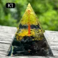Handmade crystal orgone pyramid featuring a green stone tree of life design, SKU variant K1 - K1 Obsidian + Olive Crystal Tree / 5cm