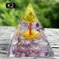 Handmade amethyst peridot orgone crystal pyramid with copper life tree resin ornament - K2 Amethyst + Olive Crystal Tree / 5cm
