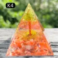 Handmade healing crystal resin pyramid featuring a green and red crushed stone tree - K4 Red Agate + Olivine Crystal Tree / 5cm