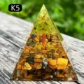 Handmade Orgonite pyramid with tree of life peridot and tiger's eye crystal stones - K5 Tiger Eye + Olivine Crystal Tree / 5cm