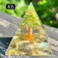 Handmade crystal resin pyramid featuring a green peridot stone tree of life design - K6 Labradorite + Olivine Crystal Tree / 5cm