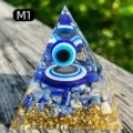 Handcrafted lapis lazuli resin pyramid featuring an evil eye and gold foil, model M1 - M1 Blue Eye + Lapis Lazuli Chips / 5cm