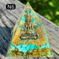Orgone resin pyramid featuring Buddha statue with turquoise chips and gold foil flakes - N6 Shiva Blue Turquoise / 6cm
