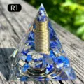 Natural lapis lazuli crystal resin pyramid with gold coil home ornament, SKU R1 - Lapis Lazuli + Coil (R1) / 5cm