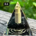 Handmade resin pyramid featuring gold coil and black obsidian stones for home decor - Obsidian + Coil (R4) / 5cm