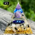 Handmade Gemini zodiac resin pyramid featuring an amethyst sphere and gold foil details - X5 Amethyst + Black Rutilated Quartz Chips (Gemini) / 5cm