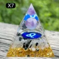 Handmade amethyst crystal orgone pyramid featuring Leo zodiac sign and gold foil - 5cm / X7 Amethyst + Black Rutilated Quartz Chips (Leo)