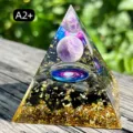 Handmade amethyst crystal orgonite pyramid with gold flakes, model A2+ - A2+ Amethyst + Galaxy Disk + Obsidian Chips / 5cm