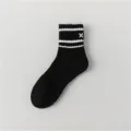 Men's black athletic crew socks with white stripes and cute cross embroidery for sports. - Men's 39-43 / Black