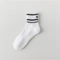 White mid-tube cotton socks with black stripes and cross embroidery for mens spring sports. - Men's 39-43 / White