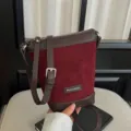 Stylish burgundy suede crossbody bag for women, retro contrast color design with adjustable strap. - Burgundy