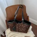 Women leopard print tote bag retro casual shoulder handbag large capacity daily use bag - Leopard Print