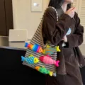 Borsa shopper lavorata a maglia per donna, grande borsa a spalla con pesci carini. - Kaki