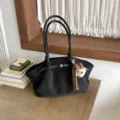 Korean style pleated tote bag for women, stylish black shoulder bag with cute bear pendant. - Black With Pendant