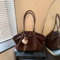 Brown suede tote bag for women, stylish pleated shoulder bag and commuting handbag for autumn. - Coffee with Pendant