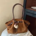 Korean style retro brown suede tote bag with leather handles and cute plush bear keychain. - Brown with Pendant