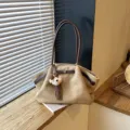 Korean style pleated tote bag for women autumn casual shoulder underarm handbag with charm - Khaki with Pendant