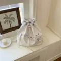 White PU leather drawstring bucket backpack stylish casual daily commuting school shoulder bag - White