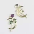 Gold alloy crescent moon and rose pendant charms for DIY jewelry making detail view - Gold Base Purple Flower