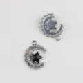 Silver alloy moon and star pendant charm with clear and black rhinestones for DIY jewelry. - Silver Base Black Rhinestone