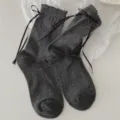 Women Japanese JK Style Dark Grey Mid-Calf Socks with Black Ribbon Bow and Ruffle Cuffs - Women's 35-39 / Dark Gray
