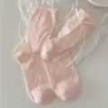 Pink cute mid-tube socks with elegant white ribbon bows, sweet Japanese JK style ribbed knit hosiery. - Women's 35-39 / Pink