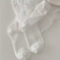 Women white mid tube socks Japanese JK style sweet lace pink ribbon bow cute hosiery - Women's 35-39 / White