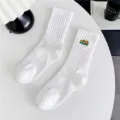 White mid-calf ribbed cotton socks with embroidery design, comfortable casual sports crew socks. - One Size 35-46 [Seamless Toe] / White