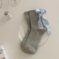 Korean style grey cable knit mid tube socks with light blue ribbon bow for women sweet lolita - Women's 35-39 / Gray