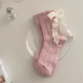 Pink cable knit mid tube socks with white ribbon bow sweet lolita style for women soft - Women's 35-39 / Pink