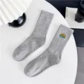 Grey ribbed cotton crew socks for men and women, featuring stylish embroidered text detail. - One Size 35-46 [Seamless Toe] / Gray