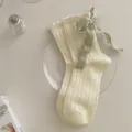 Sweet Lolita cable knit mid-calf socks with elegant green ribbon bow for women spring wear - Women's 35-39 / Green Bow on White Background