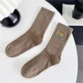 Brown ribbed crew socks for men and women, with stylish embroidery text, comfortable cotton sport socks. - One Size 35-46 [Seamless Toe] / Camel