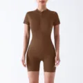Donna manica corta marrone cerniera lampo tuta sportiva fitness yoga romper activewear - Taglia S / Caffè senza cuciture
