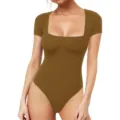 Brown square neck short sleeve bodysuit, elastic slim fit fitness yoga jumpsuit for women. - Coffee 4301A